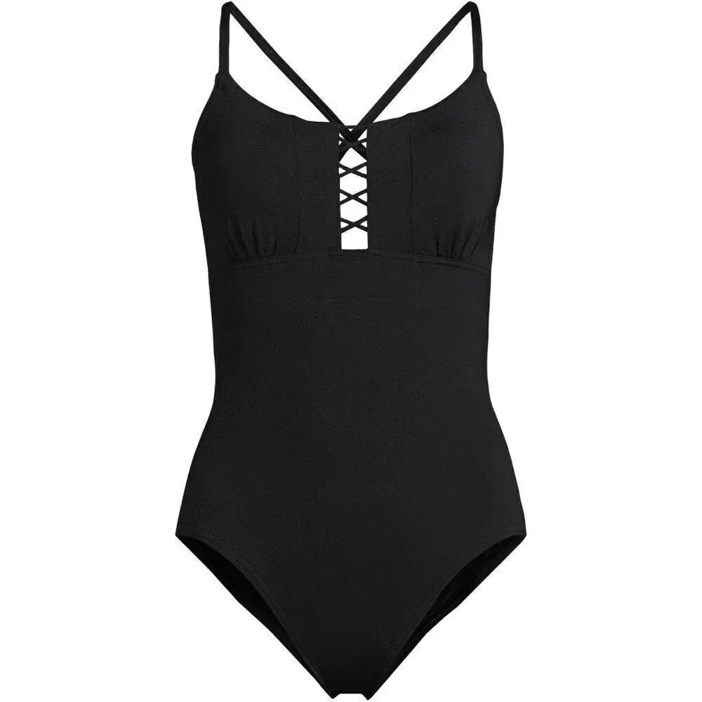 Land's End Plus Size lace up one piece swimsuit bathing suit, tie back black Var